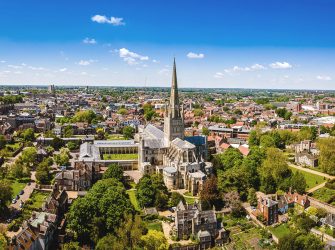 Aerial view of Norwich Cathedral located in Norwich, Norfolk, UK